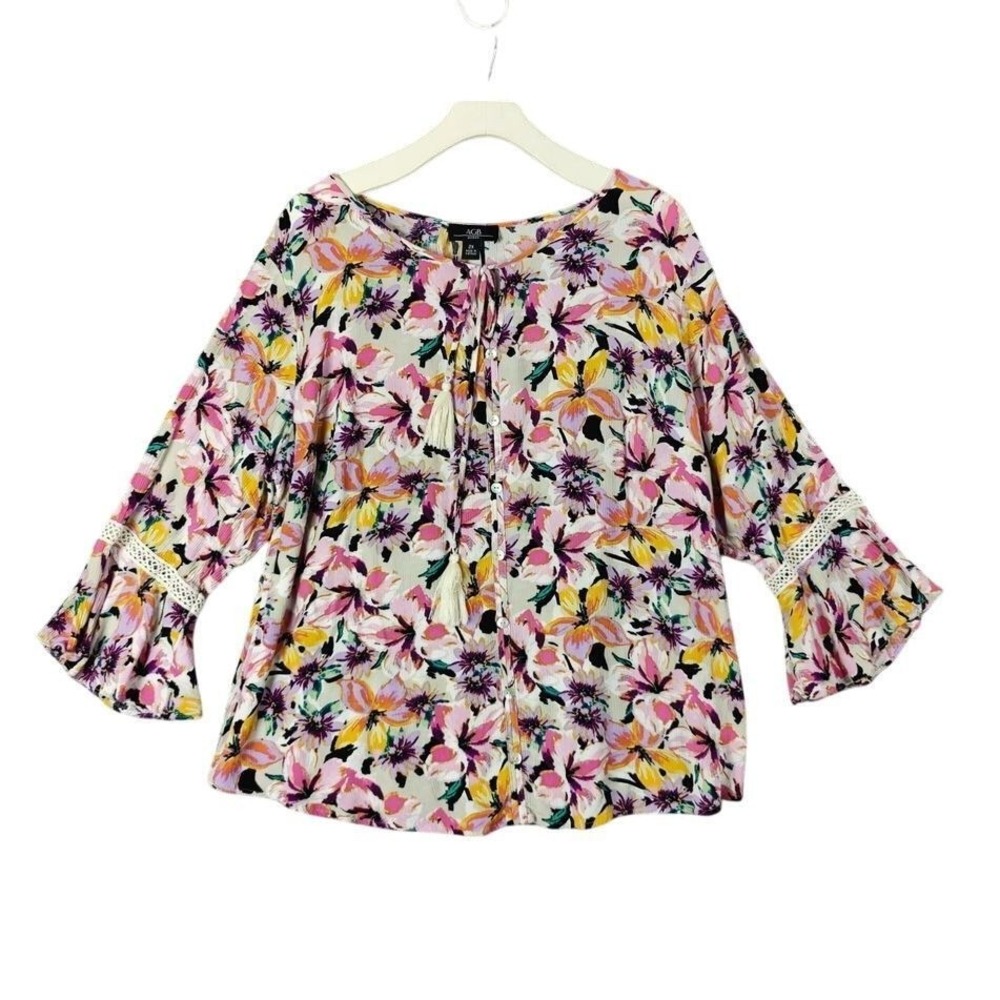 AGB Womens Peasant Cottagecore Romantic Floral Blouse 2X Top Bell Sleeve Tassel